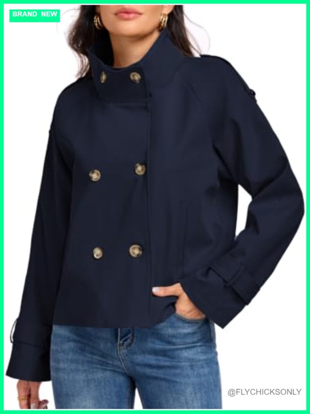 Womens Cropped Trench Coat Funnel Neck Button Down Fall Jacket with Pockets